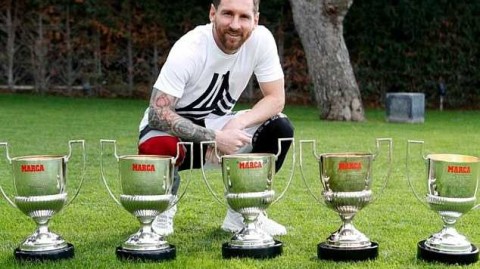 梅西五夺西甲金靴铸传奇 金光闪闪奖杯见证王者之路