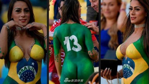 热情似火！女球迷人体彩绘为巴西足球助威