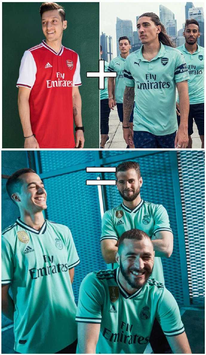 一名球迷同时展示皇马和阿森纳新球衣的对比照，幽默地指向两家俱乐部队徽，表达对球衣设计雷同的调侃。