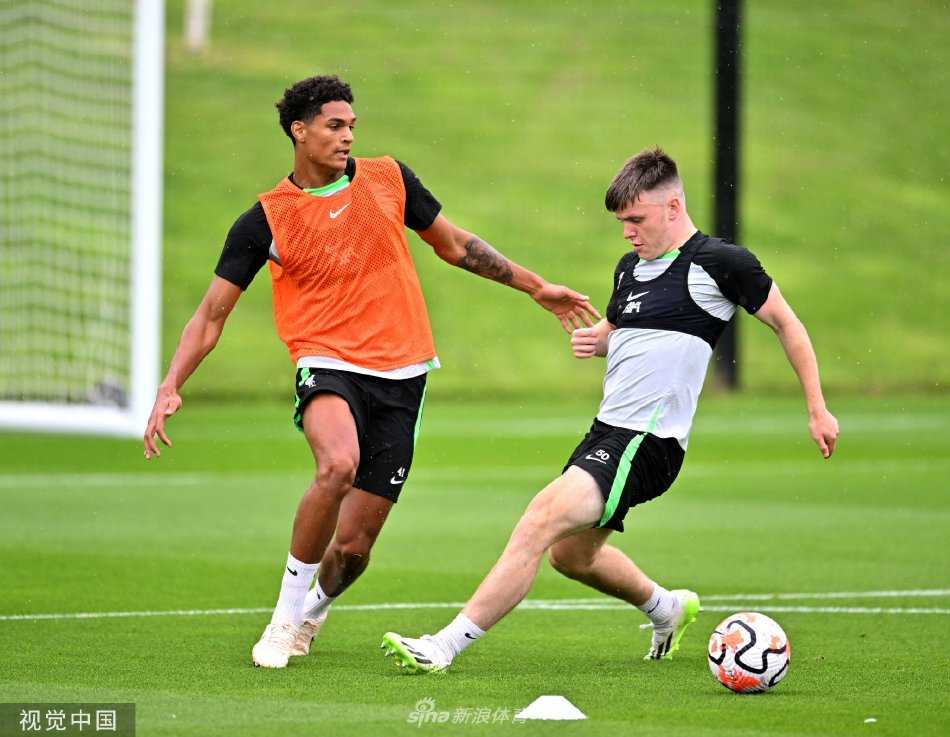 队长范迪克与队友在绿茵场上进行对抗练习，他高大的身躯和坚毅的神情是利物浦后防线最令人信赖的基石。